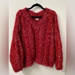 POL Red Fuzzy V-Neck Sweater